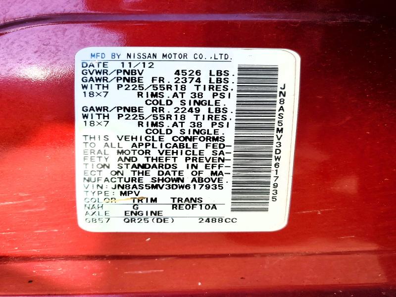 60618956 :رقم المزاد ، JN8AS5MV3DW617935 vin ، 2013 Nissan Rogue مزاد بيع