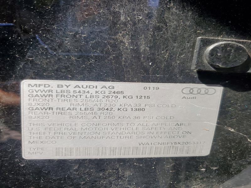 2019 Audi Q5 მანქანა იყიდება აუქციონზე, vin: WA1CNBFY5K2053317, აუქციონის ნომერი: 62333346