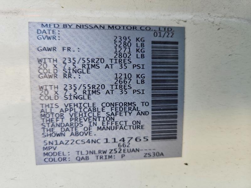 61883346 :رقم المزاد ، 5N1AZ2CS4NC114765 vin ، 2022 Nissan Murano مزاد بيع