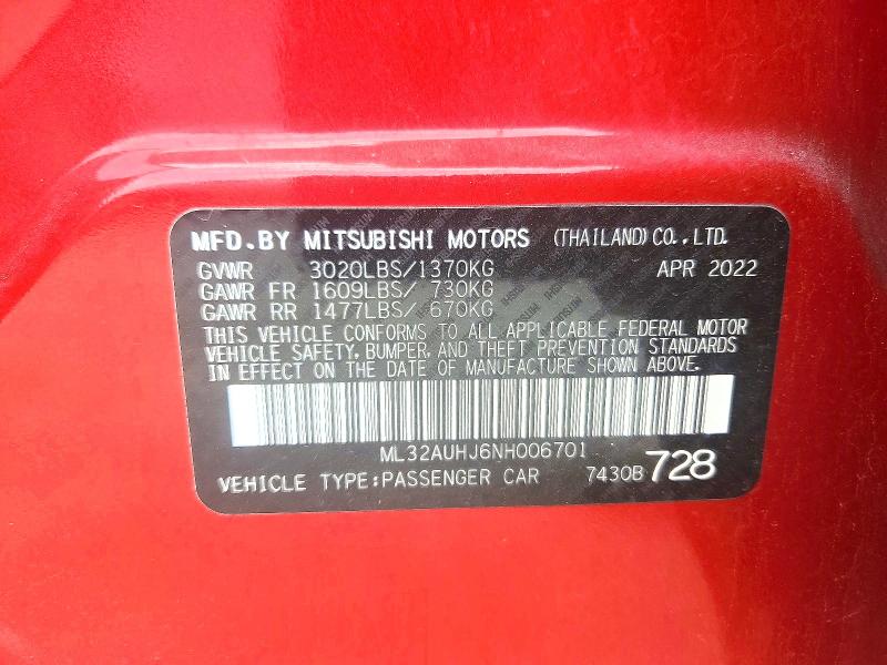 Продаж на аукціоні авто 2022 Mitsubishi Mirage, vin: ML32AUHJ6NH006701, номер лоту: 59291576
