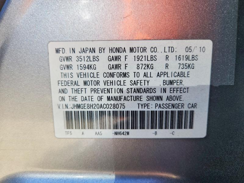 Aukcja sprzedaży 2010 Honda Fit, vin: JHMGE8H20AC028075, numer aukcji: 62510296