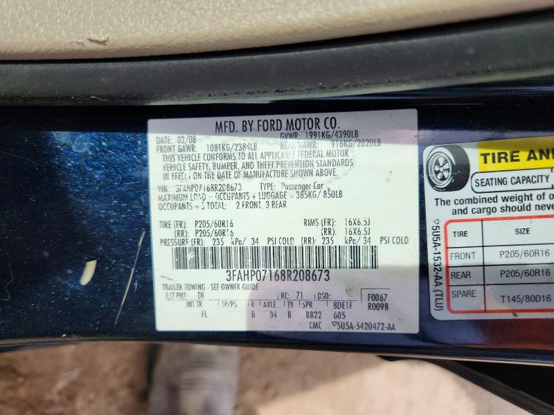 61621706 :رقم المزاد ، 3FAHP07168R208673 vin ، 2008 Ford Fusion مزاد بيع