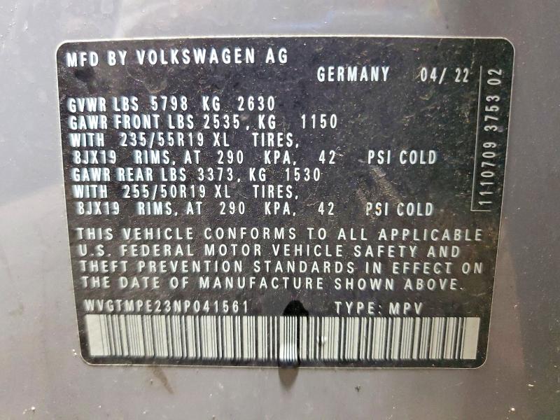 2022 Volkswagen Id.4 მანქანა იყიდება აუქციონზე, vin: WVGTMPE23NP041561, აუქციონის ნომერი: 62648626