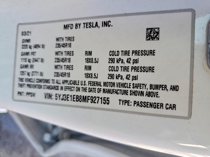 Продажа на аукционе авто 2021 Tesla Model 3, vin: 5YJ3E1EB8MF927155, номер лота: 62874786