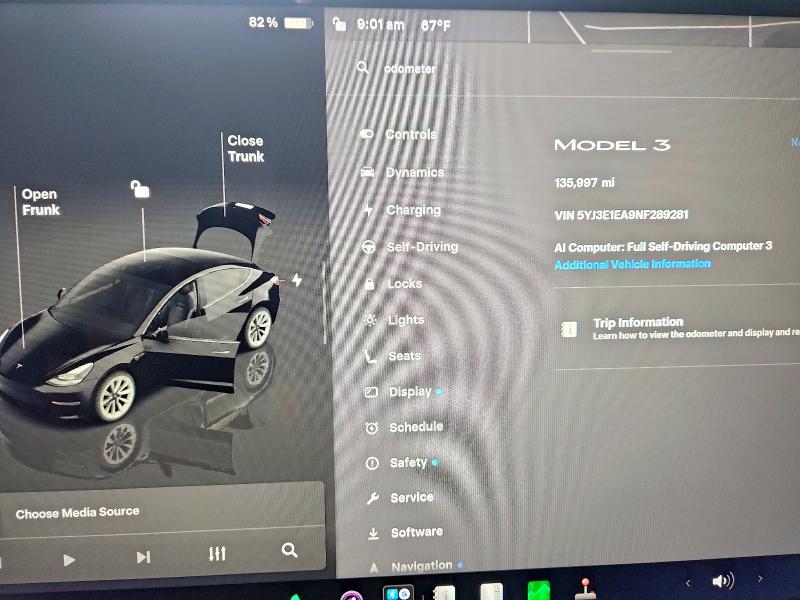 62549216 :رقم المزاد ، 5YJ3E1EA9NF289281 vin ، 2022 Tesla Model 3 مزاد بيع