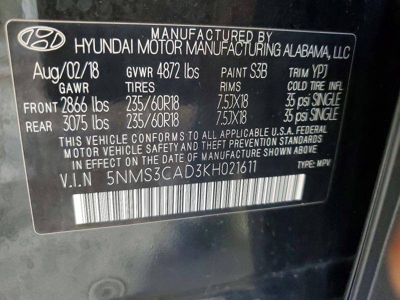 Aukcja sprzedaży 2019 Hyundai Santa Fe, vin: 5NMS3CAD3KH021611, numer aukcji: 59660486