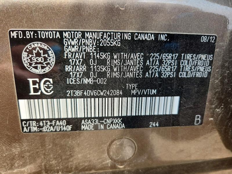 2012 Toyota Rav4 მანქანა იყიდება აუქციონზე, vin: 2T3BF4DV6CW242084, აუქციონის ნომერი: 60417906
