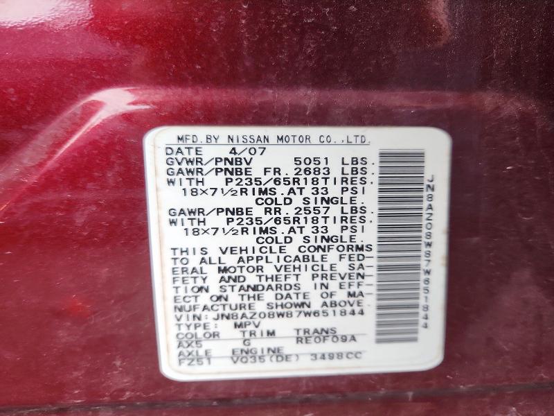 Продаж на аукціоні авто 2007 Nissan Murano, vin: JN8AZ08W87W651844, номер лоту: 59772656