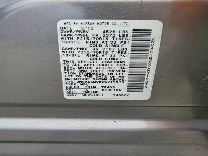Aukcja sprzedaży 2012 Nissan Rogue, vin: JN8AS5MVXCW712975, numer aukcji: 60495756