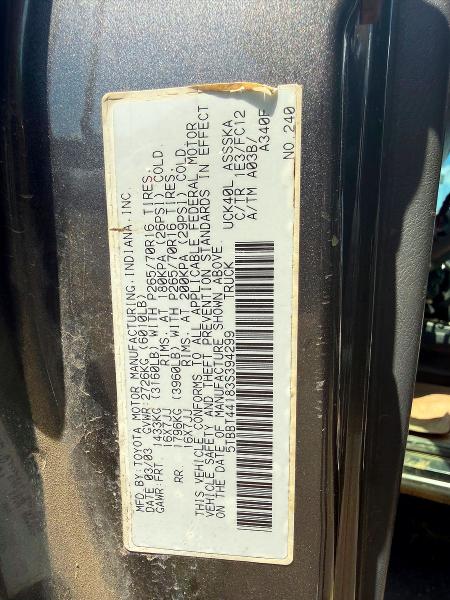 2003 Toyota Tundra მანქანა იყიდება აუქციონზე, vin: 5TBBT44183S394299, აუქციონის ნომერი: 62114726