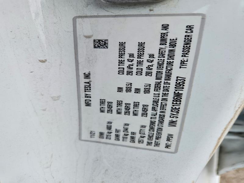 Aukcja sprzedaży 2022 Tesla Model 3, vin: 5YJ3E1EB6NF109537, numer aukcji: 60465696
