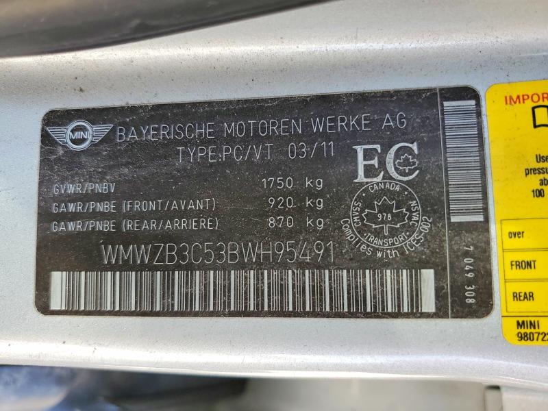 Продажа на аукционе авто 2011 Mini Cooper, vin: WMWZB3C53BWH95491, номер лота: 58142326