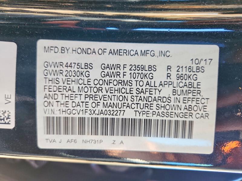 Продаж на аукціоні авто 2018 Honda Accord, vin: 1HGCV1F3XJA032277, номер лоту: 62223996