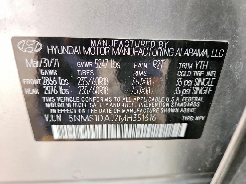 2021 Hyundai Santa Fe მანქანა იყიდება აუქციონზე, vin: 5NMS1DAJ2MH351616, აუქციონის ნომერი: 60941026