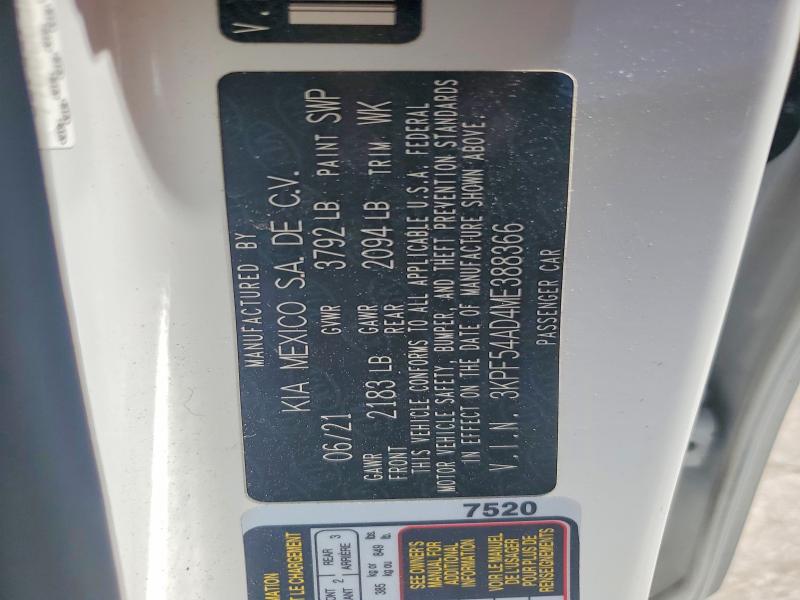 61003836 :رقم المزاد ، 3KPF54AD4ME388366 vin ، 2021 Kia Forte مزاد بيع