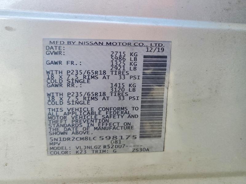 Auction sale of the 2020 Nissan Pathfinder, vin: 5N1DR2CM8LC598175, lot number: 59867326