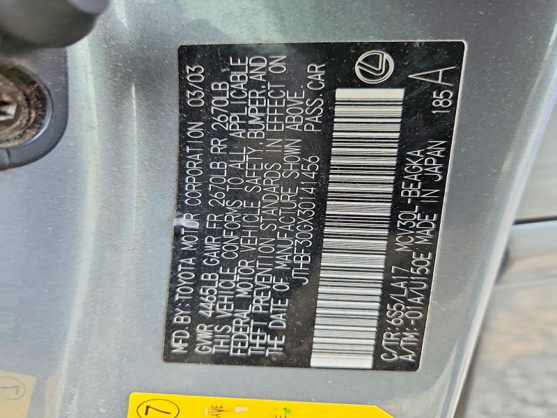 Aukcja sprzedaży 2003 Lexus Es, vin: JTHBF30GX30141456, numer aukcji: 59866096