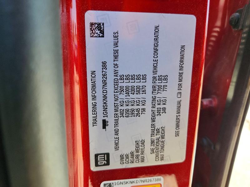 Aukcja sprzedaży 2022 Chevrolet Tahoe, vin: 1GNSKNKD7NR267386, numer aukcji: 62957076