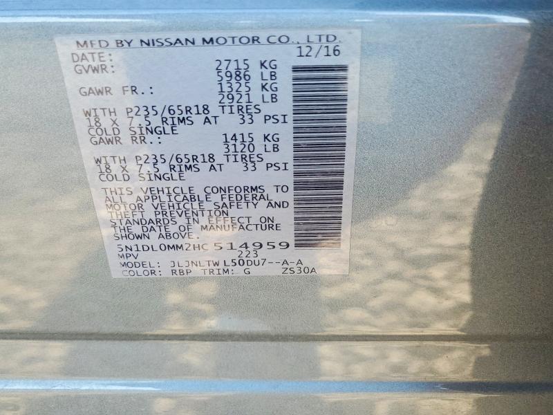 Aukcja sprzedaży 2017 Infiniti Qx60, vin: 5N1DL0MM2HC514959, numer aukcji: 60122056