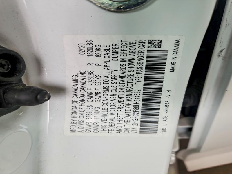 61290236 :رقم المزاد ، 2HGFC2F86LH544532 vin ، 2020 Honda Civic مزاد بيع