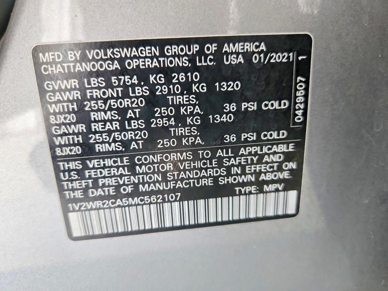 2021 Volkswagen Atlas მანქანა იყიდება აუქციონზე, vin: 1V2WR2CA5MC562107, აუქციონის ნომერი: 60849226