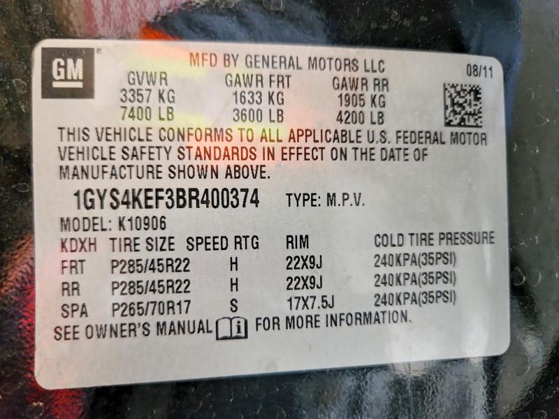 2011 Cadillac Escalade მანქანა იყიდება აუქციონზე, vin: 1GYS4KEF3BR400374, აუქციონის ნომერი: 61120896