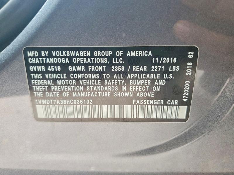 61085376 :رقم المزاد ، 1VWDT7A38HC036102 vin ، 2017 Volkswagen Passat مزاد بيع