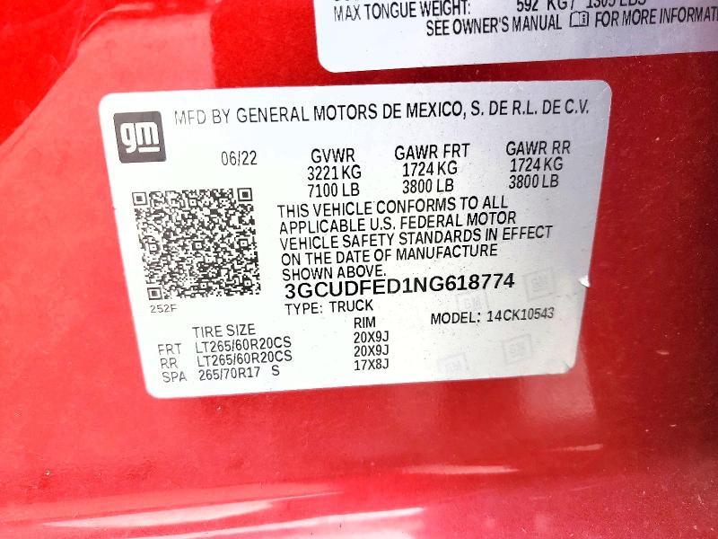 Продаж на аукціоні авто 2022 Chevrolet Silverado, vin: 3GCUDFED1NG618774, номер лоту: 59704556