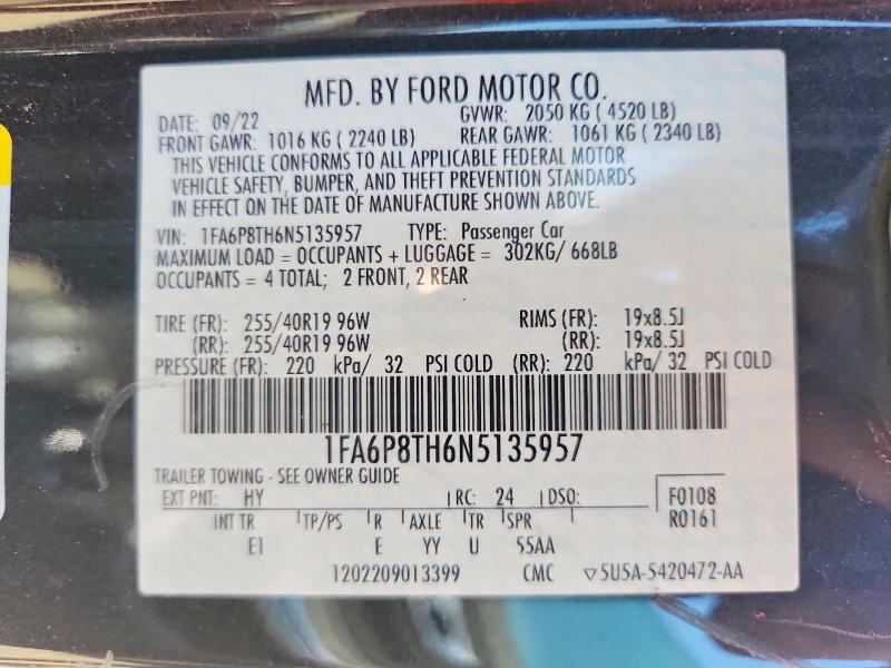 Aukcja sprzedaży 2022 Ford Mustang, vin: 1FA6P8TH6N5135957, numer aukcji: 62113846