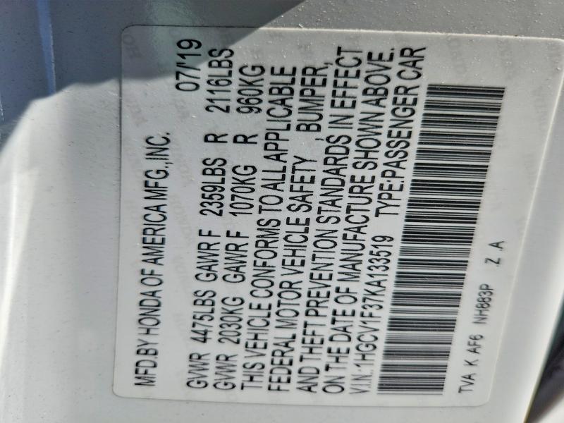 Aukcja sprzedaży 2019 Honda Accord, vin: 1HGCV1F37KA133519, numer aukcji: 63532136
