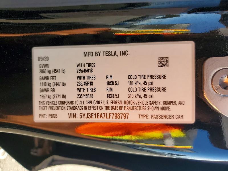 62805466 :رقم المزاد ، 5YJ3E1EA7LF798797 vin ، 2020 Tesla Model 3 مزاد بيع