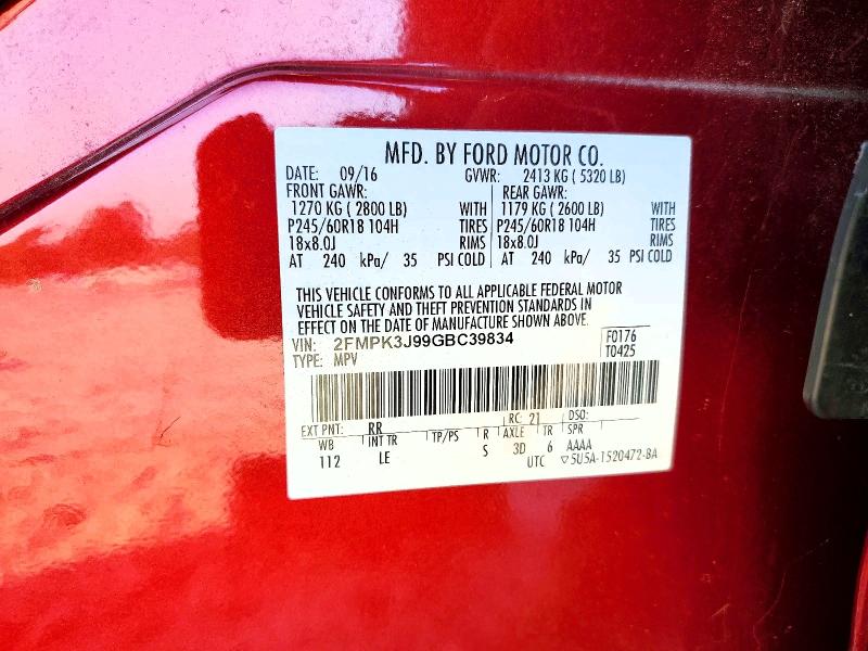 Продажа на аукционе авто 2016 Ford Edge, vin: 2FMPK3J99GBC39834, номер лота: 60205886