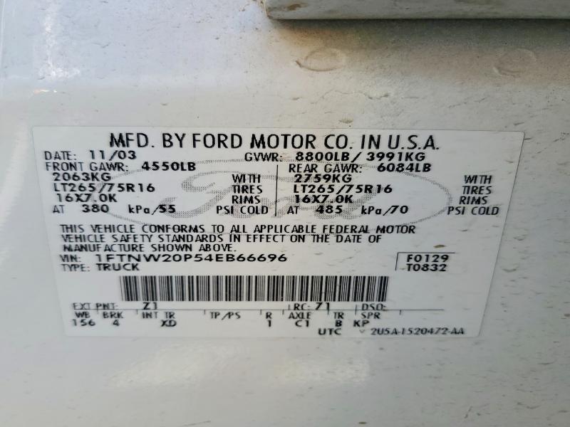 2004 Ford F250 მანქანა იყიდება აუქციონზე, vin: 1FTNW20P54EB66696, აუქციონის ნომერი: 63396196