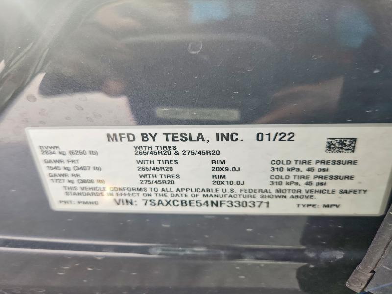 2022 Tesla Model X მანქანა იყიდება აუქციონზე, vin: 7SAXCBE54NF330371, აუქციონის ნომერი: 59962646