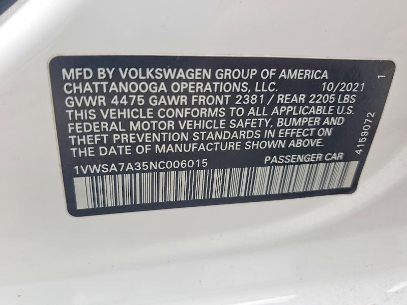 Aukcja sprzedaży 2022 Volkswagen Passat, vin: 1VWSA7A35NC006015, numer aukcji: 62077086