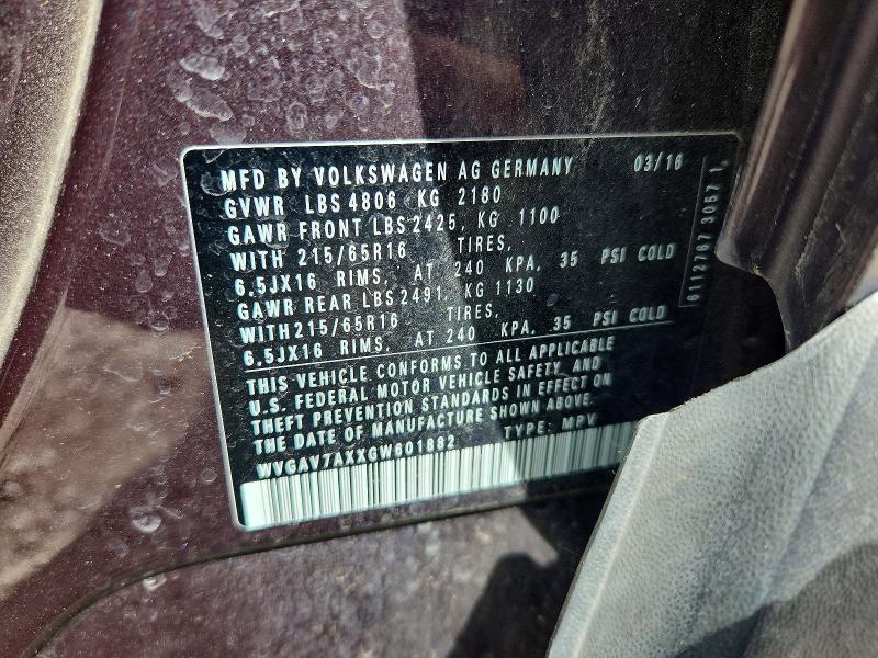 59724186 :رقم المزاد ، WVGAV7AXXGW601882 vin ، 2016 Volkswagen Tiguan مزاد بيع