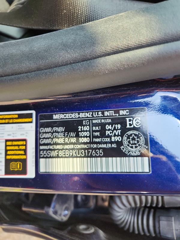 Продаж на аукціоні авто 2019 Mercedes-benz C, vin: 55SWF8EB9KU317635, номер лоту: 59111616