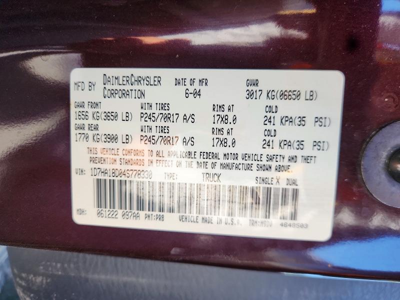Aukcja sprzedaży 2004 Dodge Ram 1500, vin: 1D7HA18D04S778330, numer aukcji: 61645326