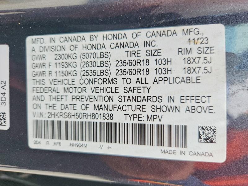 2024 Honda Cr-v მანქანა იყიდება აუქციონზე, vin: 2HKRS6H50RH801838, აუქციონის ნომერი: 61476116