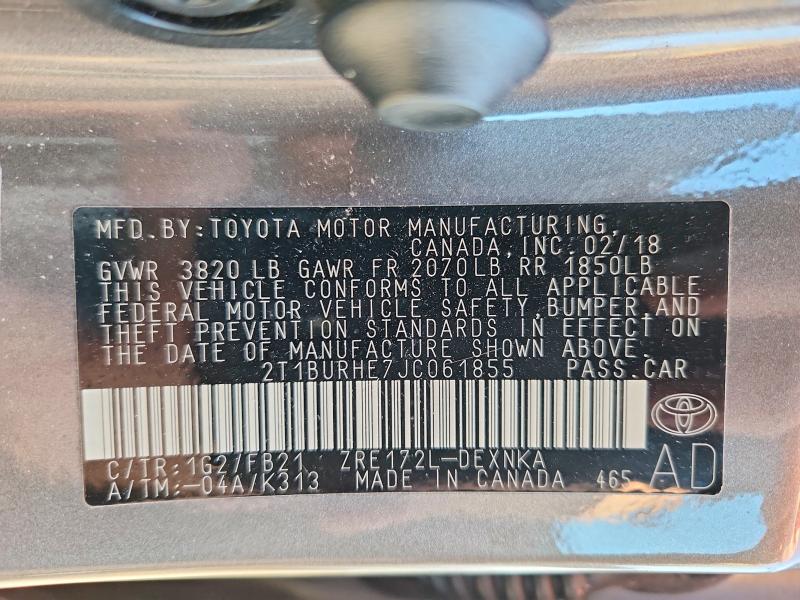 Aukcja sprzedaży 2018 Toyota Corolla, vin: 2T1BURHE7JC061855, numer aukcji: 62079936