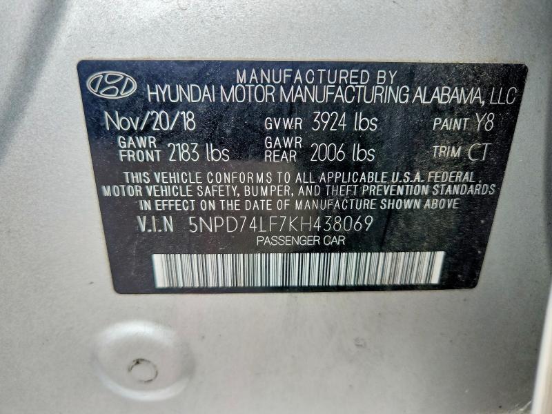 2019 Hyundai Elantra მანქანა იყიდება აუქციონზე, vin: 5NPD74LF7KH438069, აუქციონის ნომერი: 61520496