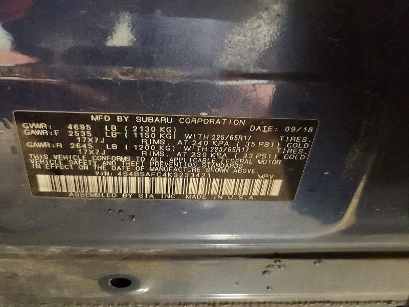 2019 Subaru Outback მანქანა იყიდება აუქციონზე, vin: 4S4BSAFC4K3233421, აუქციონის ნომერი: 59856666