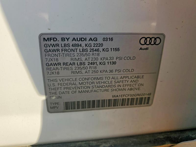 Aukcja sprzedaży 2016 Audi Q3, vin: WA1EFCFS0GR020148, numer aukcji: 60421726