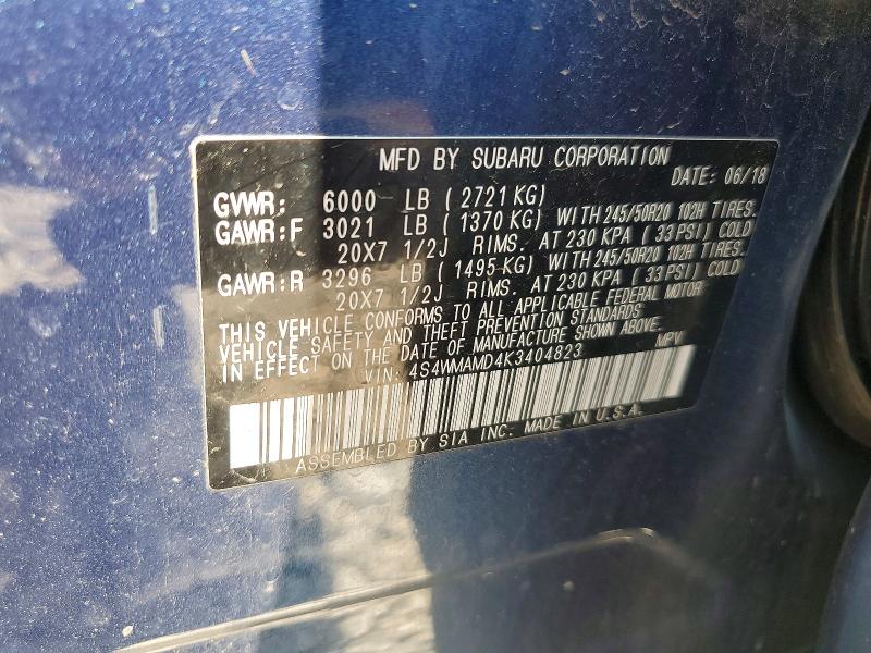 58877176 :رقم المزاد ، 4S4WMAMD4K3404823 vin ، 2019 Subaru Ascent مزاد بيع