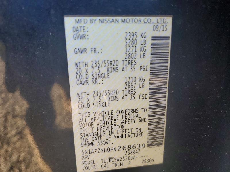 Продажа на аукционе авто 2015 Nissan Murano, vin: 5N1AZ2MH0FN268639, номер лота: 62909516