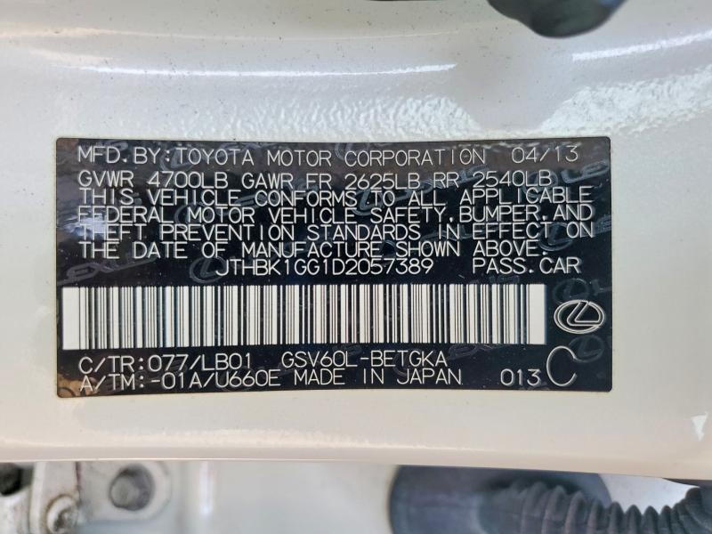 62753846 :رقم المزاد ، JTHBK1GG1D2057389 vin ، 2013 Lexus Es مزاد بيع