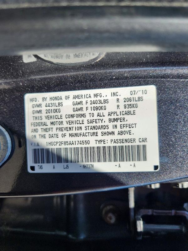 Продаж на аукціоні авто 2010 Honda Accord, vin: 1HGCP2F85AA174550, номер лоту: 61493676