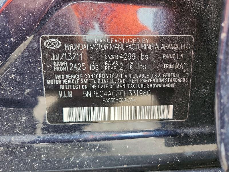 2012 Hyundai Sonata მანქანა იყიდება აუქციონზე, vin: 5NPEC4AC8CH331980, აუქციონის ნომერი: 61790506