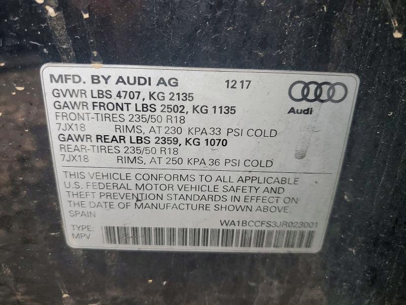 2018 Audi Q3 მანქანა იყიდება აუქციონზე, vin: WA1BCCFS3JR023001, აუქციონის ნომერი: 60325456