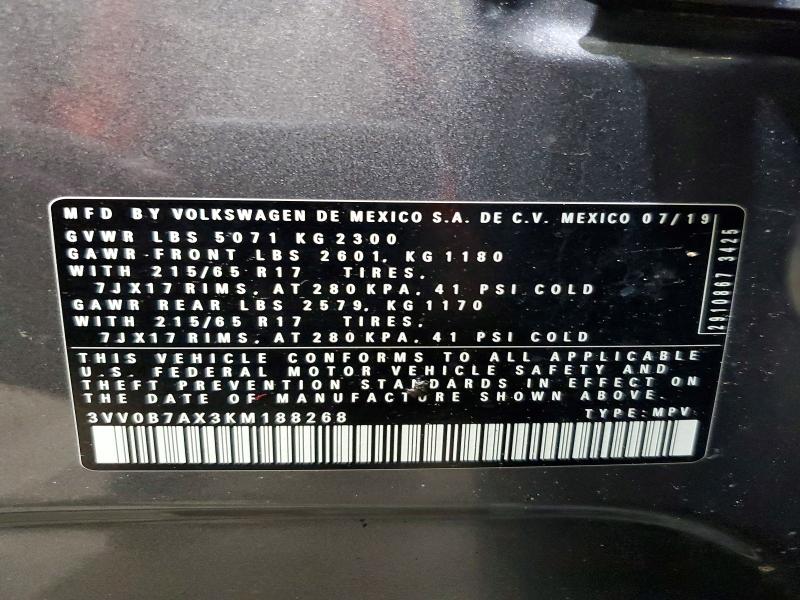 Продаж на аукціоні авто 2019 Volkswagen Tiguan, vin: 3VV0B7AX3KM188268, номер лоту: 59863046